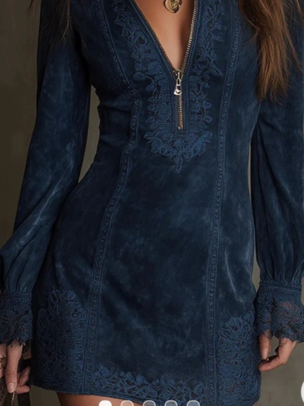 Women's Navy Blue Long Sleeve Embroidered Mini Dress
